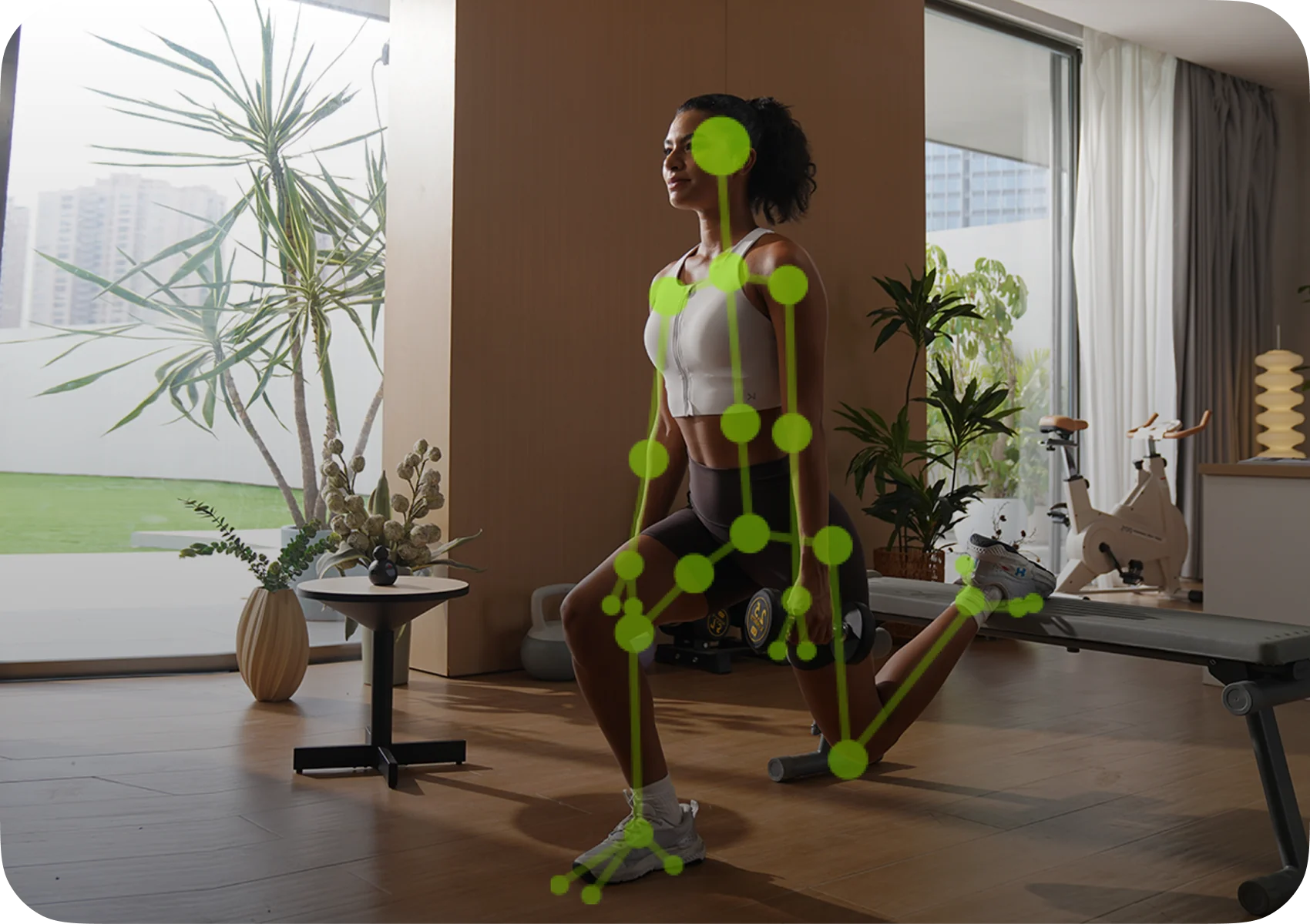 Athlete lunging with 34-point skeletal tracking overlay