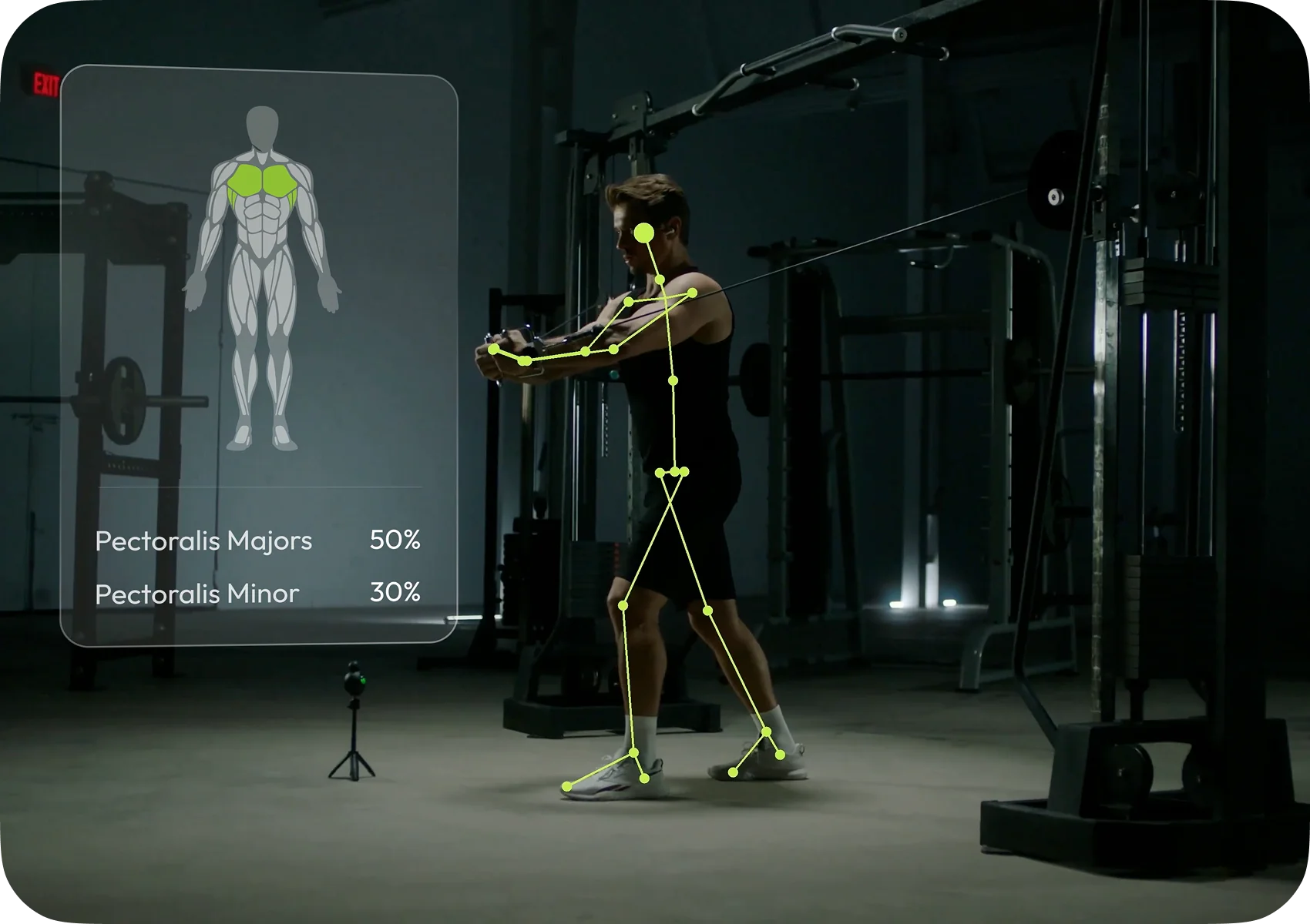 Gym training with muscle and skeleton recognition overlay