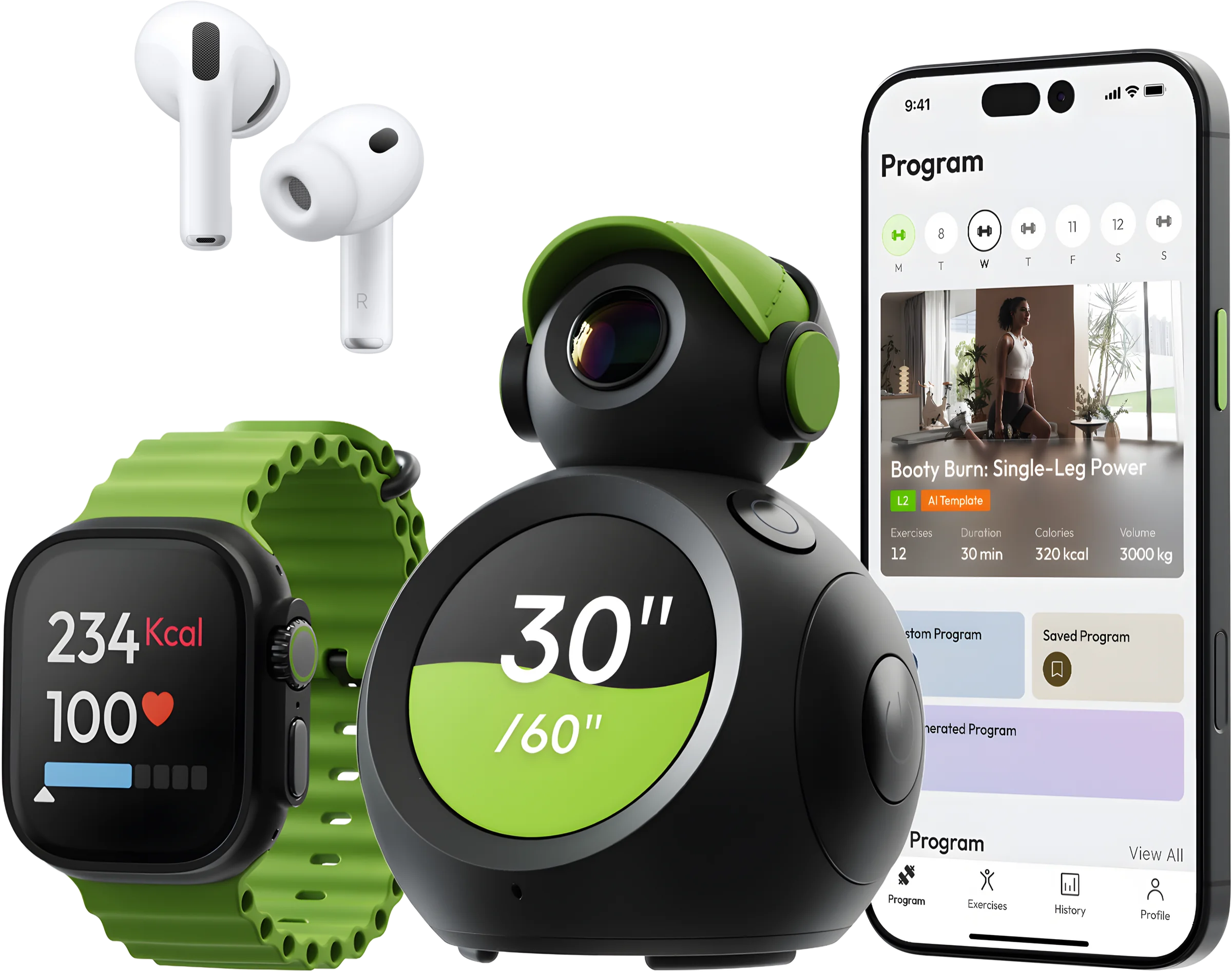 ATOM with earbuds, watch, phone, and accessory lineup
