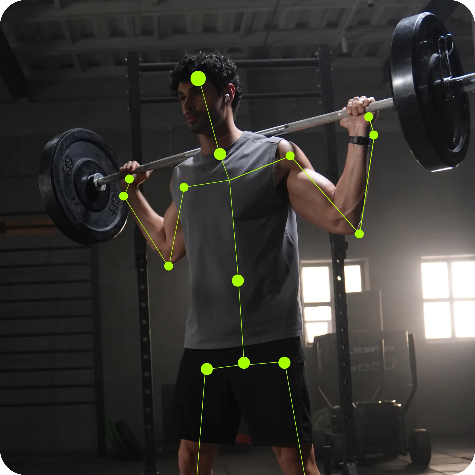 Person squatting with skeletal tracking overlay