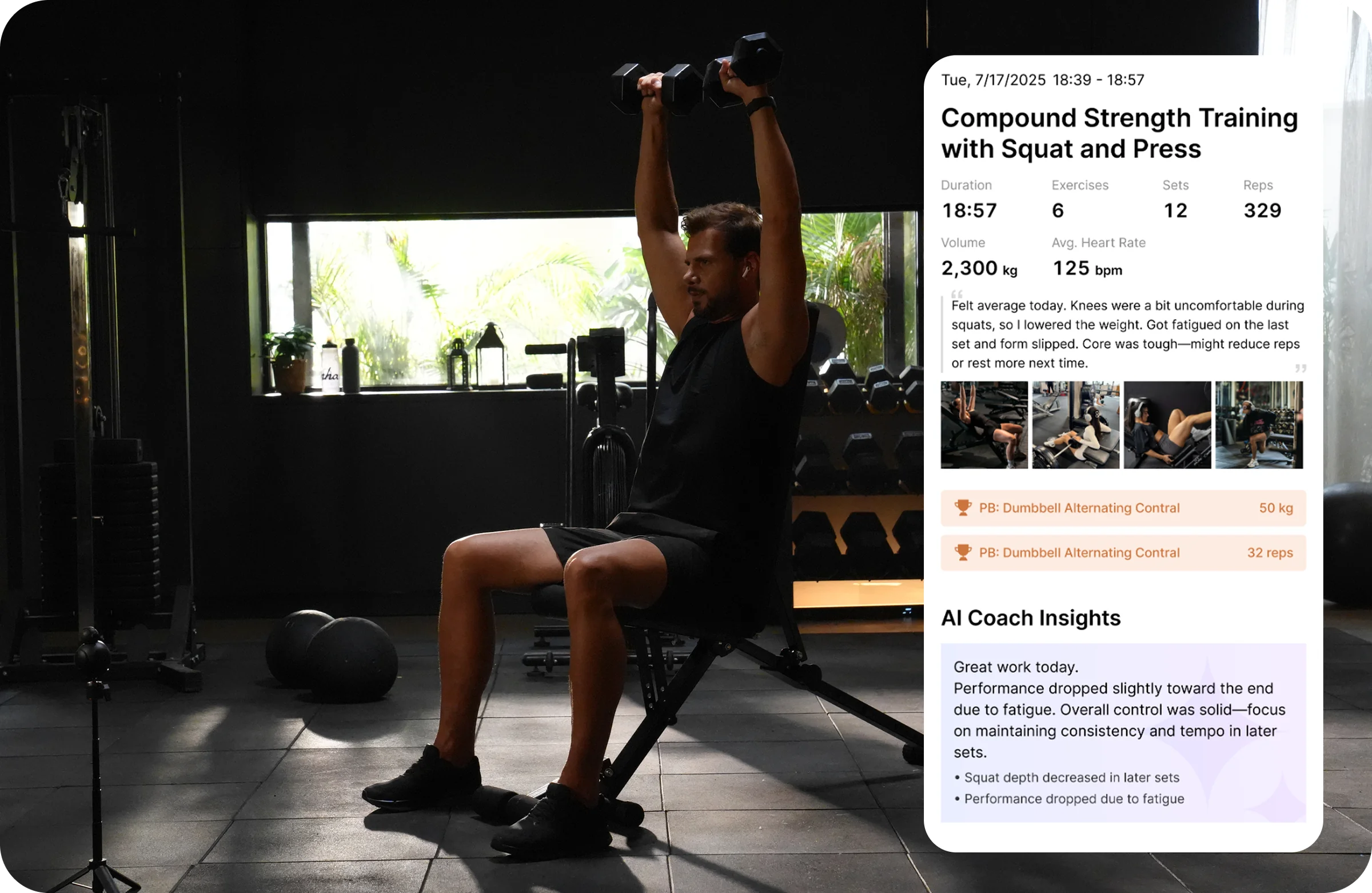 Man performing overhead dumbbell press on a bench