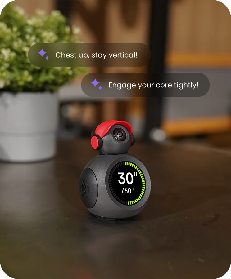 ATOM device on a gym floor with coaching feedback